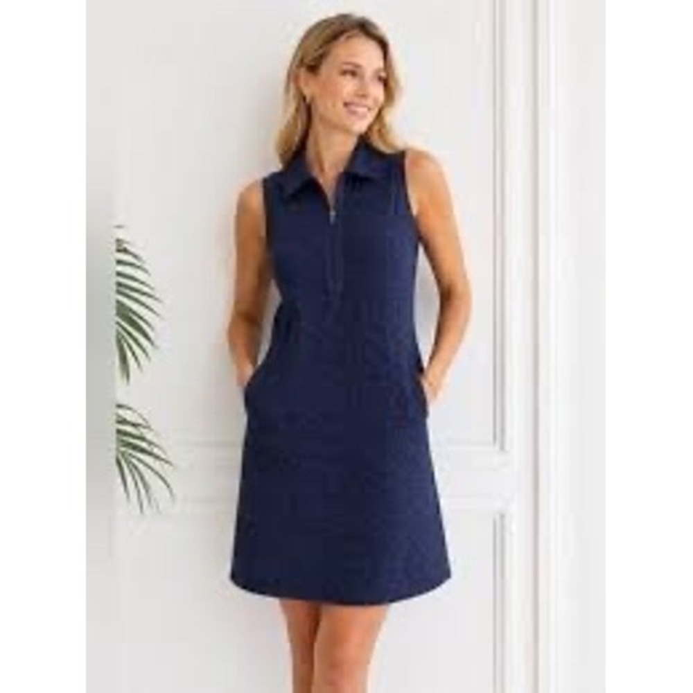 J.McLaughlin Navy Blue Jacquard Sleeveless Quarter Zip Polo daffy Dress Large